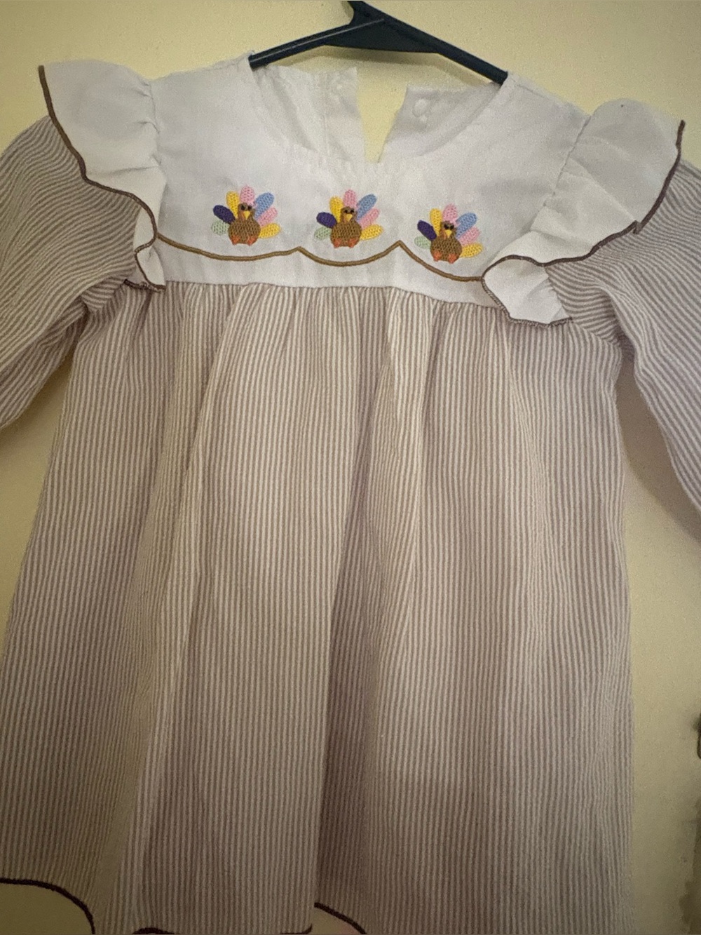 Girls Beige Stripe Turkey Embroidered Holiday Dress
